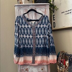 Vintage America Navy and Pink Ombre Patterned Long-Sleeve Blouse